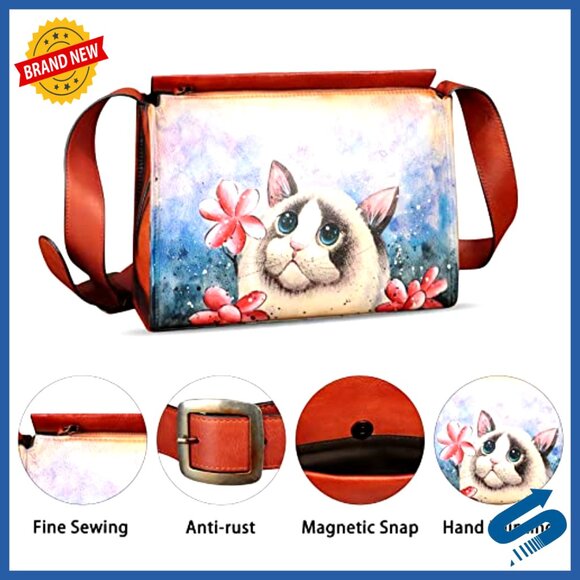 Genuine Leather Hand Painted Crossbody Satchel Purse Women's Bag - Picture 3 of 7